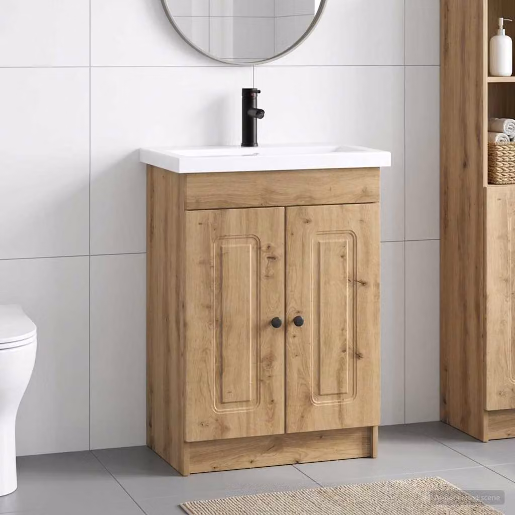 Set di mobili per il bagno vidaXL in legno e metallo marrone opaco, L: 56 cm, P: 37,5 cm, H: 81 cm