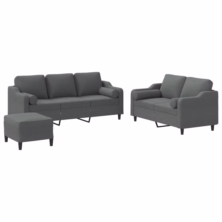 Set di Divani 3 pz con Cuscini Grigio Scuro in Tessuto
