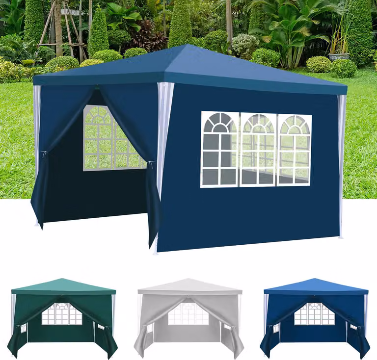 Gazebo da giardino Izrielar 3 x 3 m con 4 pannelli laterali, tenda portatile impermeabile con tubi a spirale, blu