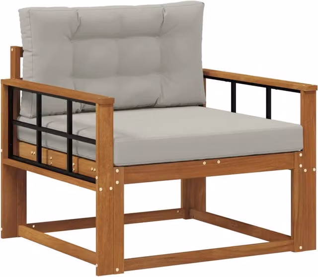 Divano centrale per esterno in legno di acacia con cuscini grigi e marroni Naturale CFW8363640 – 1