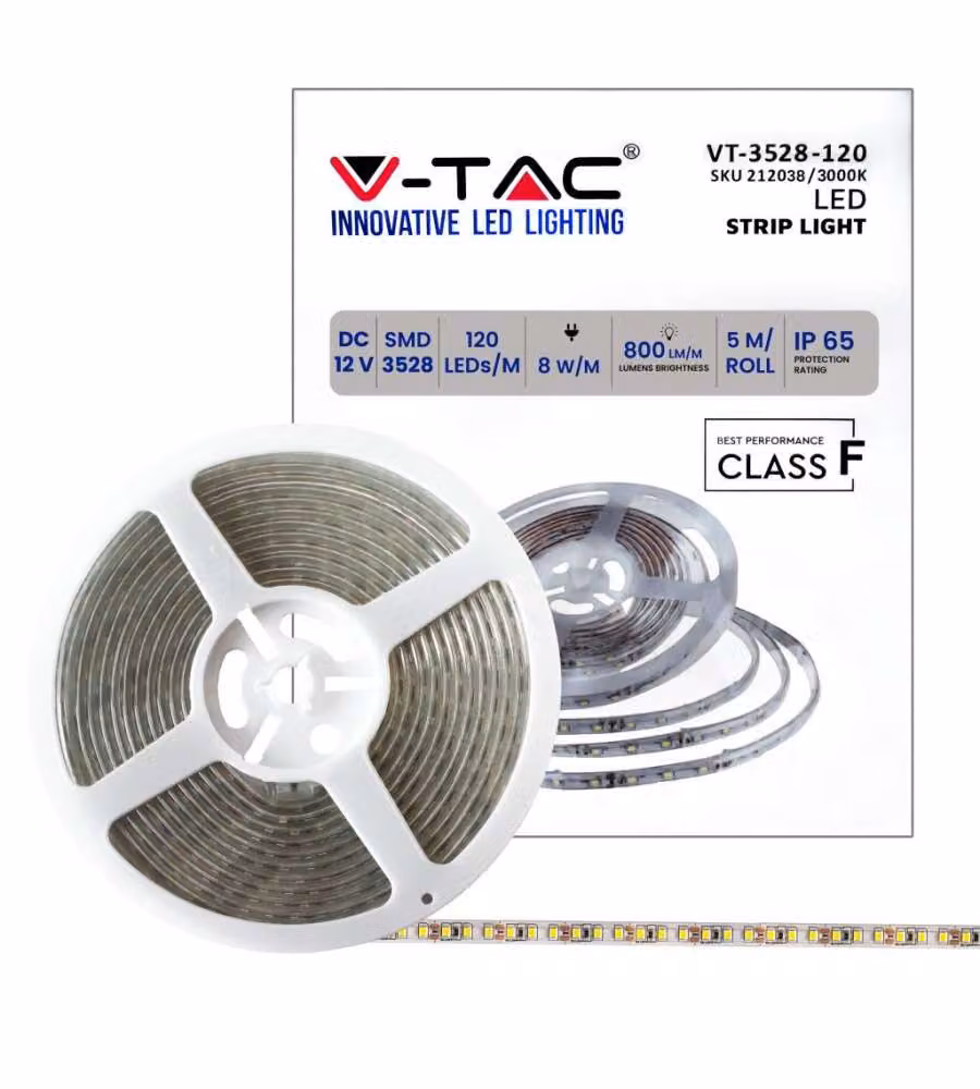 Strip LED SMD 8W/m 5m 120 LED/m 12V 3000K IP65 9.2mm