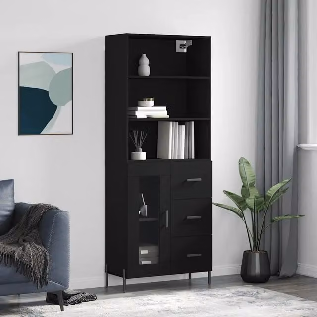 Credenza moderna vidaXL nera in legno e metallo per sala da pranzo L: 69,5 cm, P: 34 cm, H: 180 cm