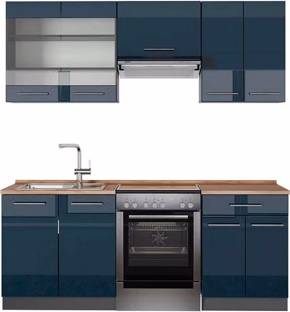 Mobili da cucina Fame-Line Vicco Blu scuro lucido e Antracite con Rovere L: 200 cm, P: 60 cm, H: 81,6 cm