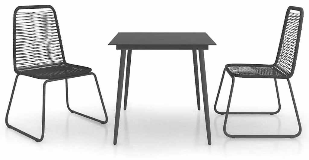 Set da giardino composto da 3 pezzi, colore nero, realizzato in rattan sintetico PVC, con struttura in acciaio verniciato a polvere. Tavolo da 80 cm