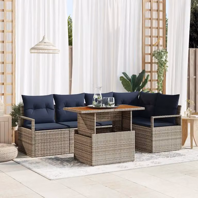 Set Divano da Giardino vidaXL in Polyrattan da 6 Pezzi per 5 Persone, Colore Grigio e Blu Navy