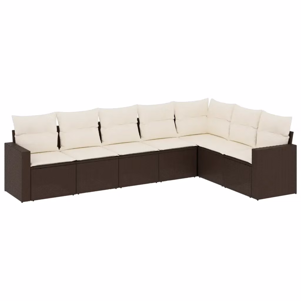 vidaXL Set di Divani da Giardino 7 pz a Forma di L in Polyrattan Marrone con Cuscini Bianchi – 2