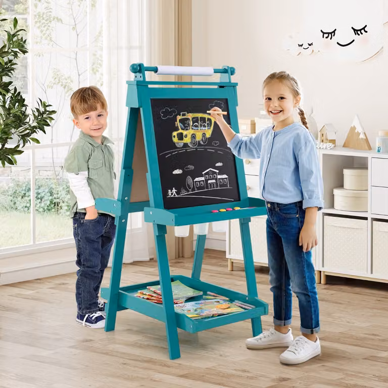 Cavalletto artistico 3 in 1 per bambini Costway con lavagna bifacciale, rotolo di carta, vassoi portaoggetti e bicchieri per pittura, Verde