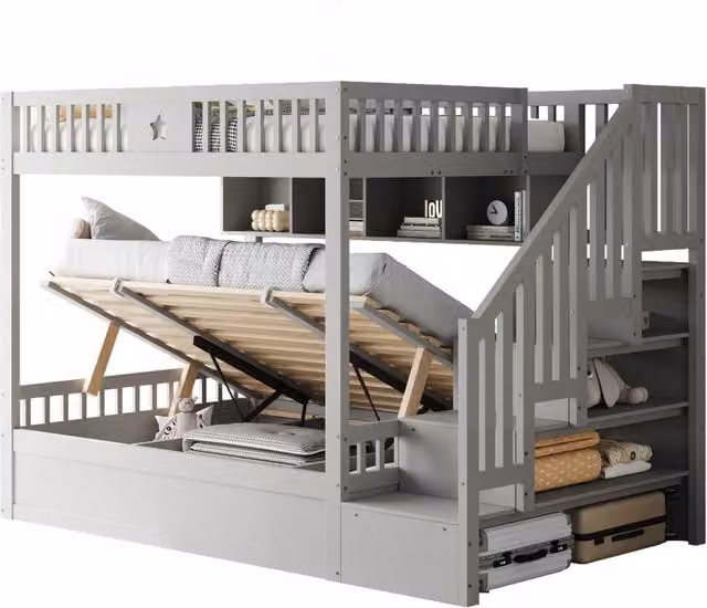 Letto a castello 140x200 cm con vano idraulico; scale contenitore e ripiani; grigio