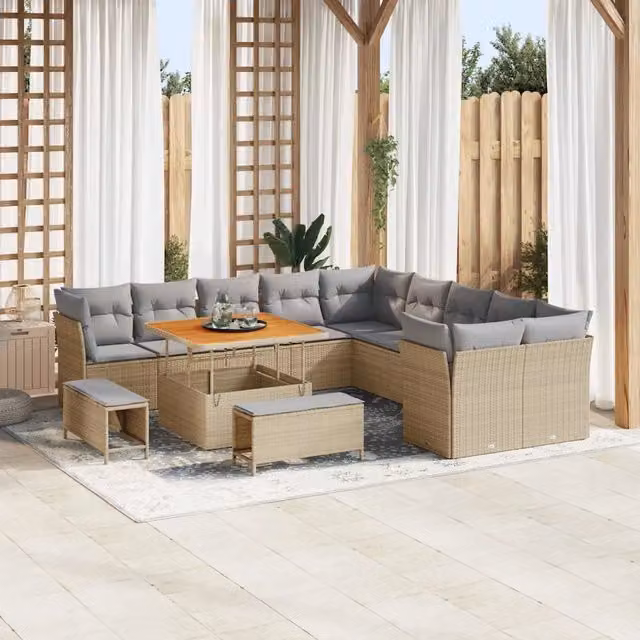 Set Divano da Giardino Moderno vidaXL in Polyrattan e Metallo, 13 Pezzi, Beige – 1