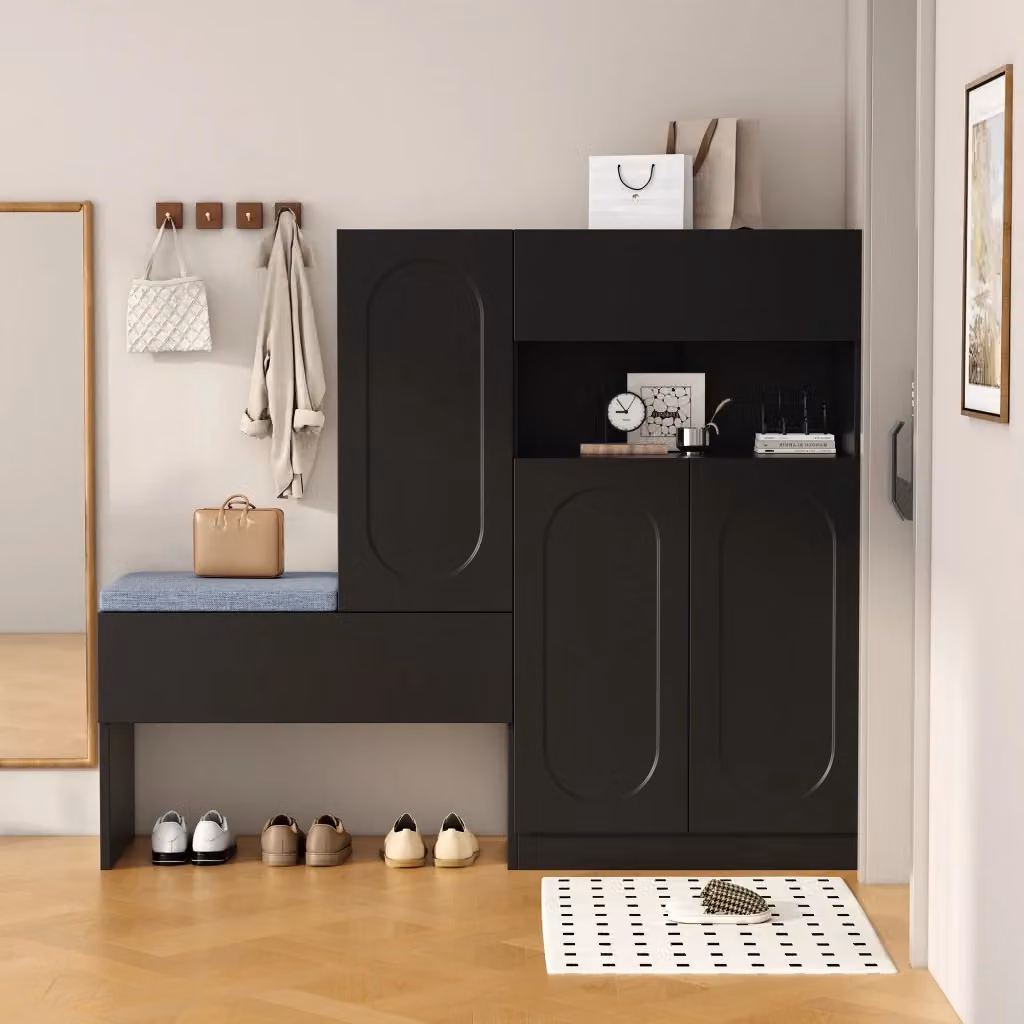 Scarpiera Mivray con panca imbottita rimovibile, 2 ripiani regolabili e ante soft-close, colore nero e grigio, L: 130 cm, P: 35 cm, H: 110 cm – 2