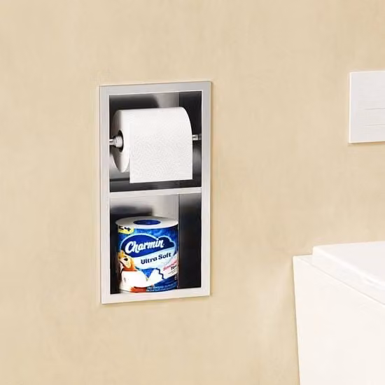 Ingresso toilette in muratura, nis toilette in acciaio inossidabile, toilette con contenitore per carta igienica e spazio di deposito, fissaggio al muro, doppio strato, 34 x 18 cm, finitura a specchio nichelato