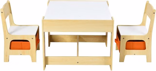 Set tavolo con 2 sedie per bambini in legno e libreria in legno per bambini-Set di 3 pezzi mobili per bimbi e scaffale di stoccaggio