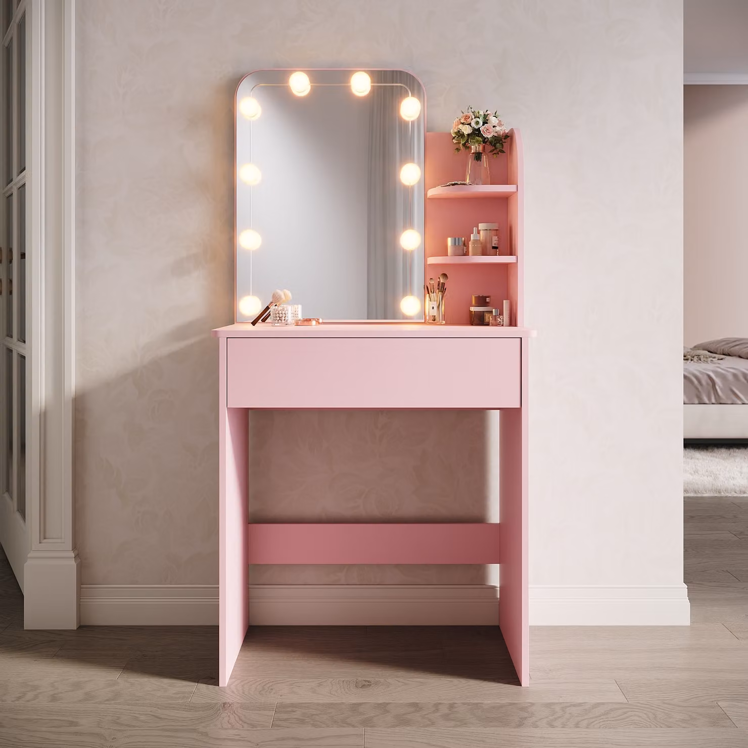 Toeletta SONNI Pink con specchio dotato di lampadina tricolore a luminosità regolabile, 70x40x140 cm