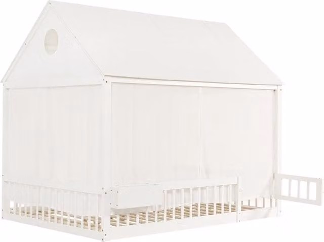 Letto Casetta Stilvora per bambini con vano contenitore e tende, colore bianco, L/P/H: 200 x 140 x 207 cm