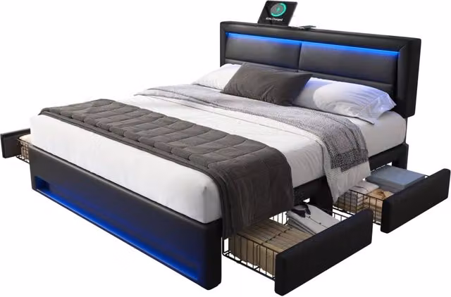 Letto matrimoniale imbottito 140x200 cm in PU con LED; USB e 4 cassetti; nero