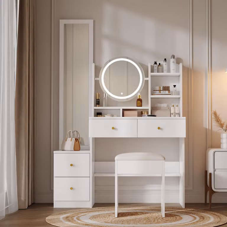 Merax, tavolo da toilette 4 in 1 con sgabello, specchio a figura intera, specchio da tavolo LED orientabile, luminosità regolabile, 4 cassetti e ripiani aperti, bianco