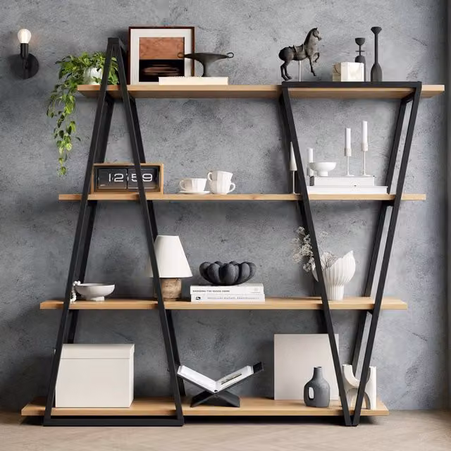 Libreria geometrica da terra 158×35×166 cm con struttura in metallo e ripiani in MDF 25 mm, colore nero/marrone