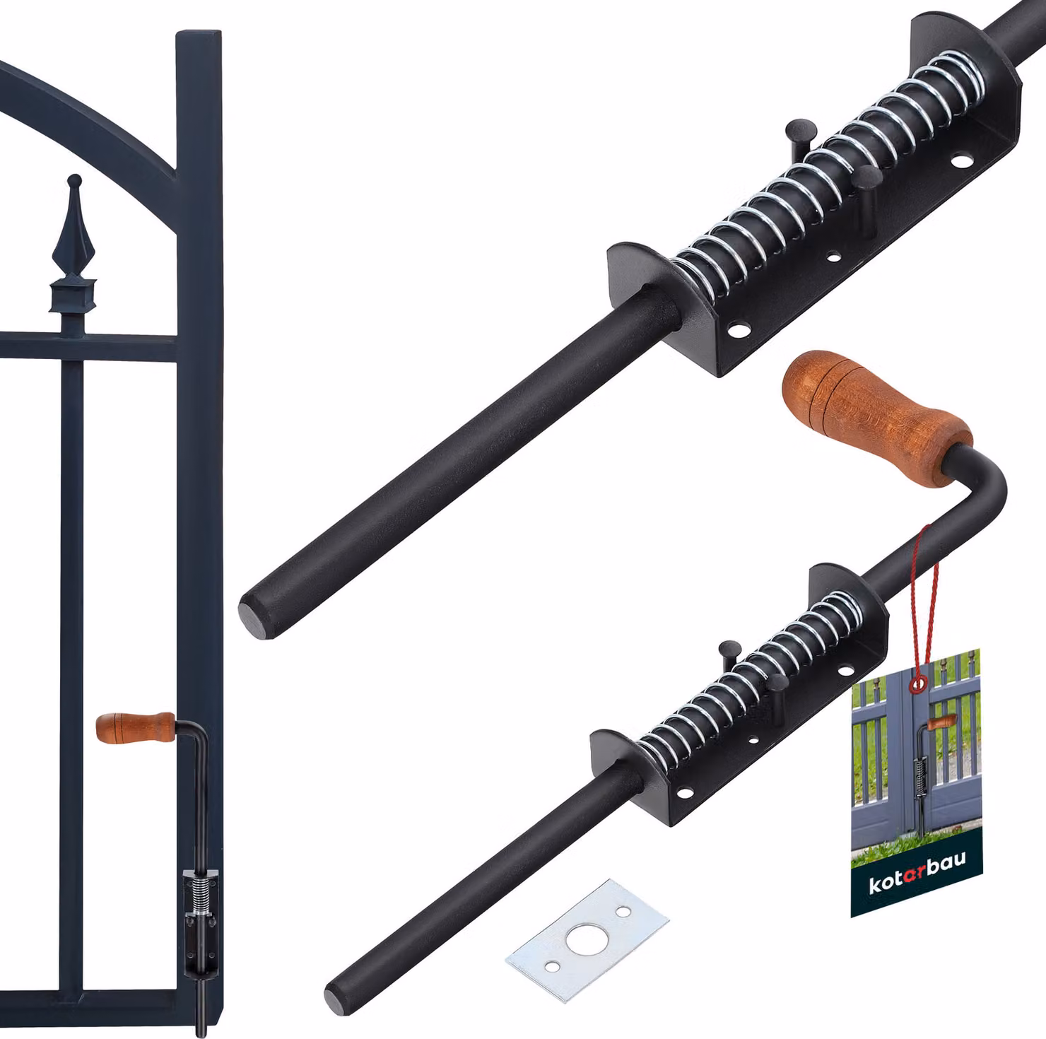 KOTARBAU® Catenaccio lungo Catenaccio nero con impugnatura in legno 38 cm Acciaio Catenaccio Grendel Catenaccio nero Scrocco per cancelli in legno
