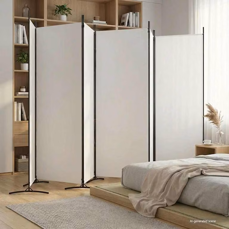 Divisorio a 6 Pannelli vidaXL Bianco in Tessuto e Metallo, H: 180 cm, L: 520 cm