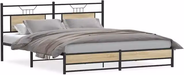 Letto matrimoniale moderno in metallo e MDF color rovere sonoma, L/P/H: 180 x 200 x 91.5 cm