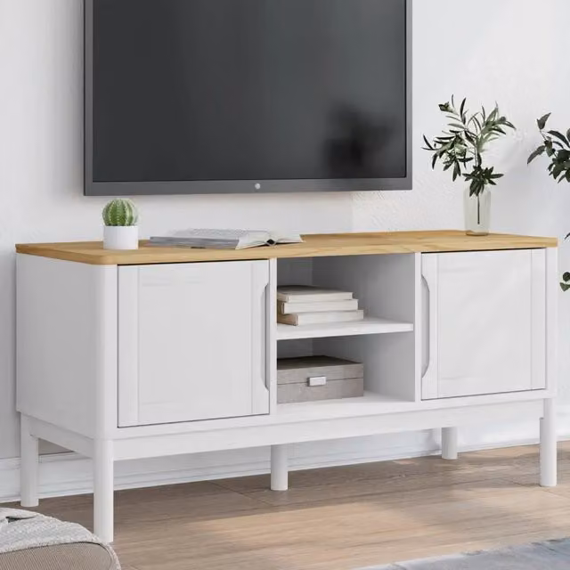 Mobile TV moderno vidaXL in legno massello di pino bianco L/P/H: 114 x 43 x 55 cm – 1