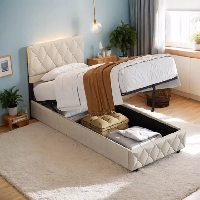 Letto imbottito in velluto beige 90 × 190 cm con rete a doghe in legno