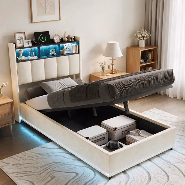 Letto singolo 90x200 cm con contenitore LED USB-C testiera rete a doghe in legno - beige