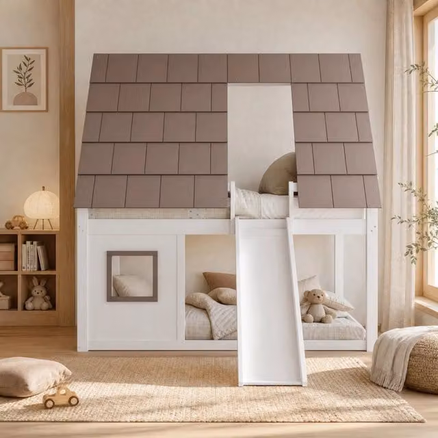 Letto a castello a casetta per bambini in MDF e pino, bianco e marrone, L/P/H: 140 x 200 cm