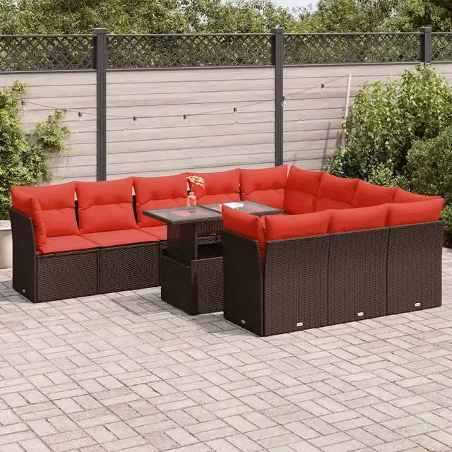 Set di Divani da Giardino vidaXL 11 Pezzi con Cuscini e Tavolino in Polyrattan Marrone e Rosso con Struttura in Acciaio e Vetro – 1