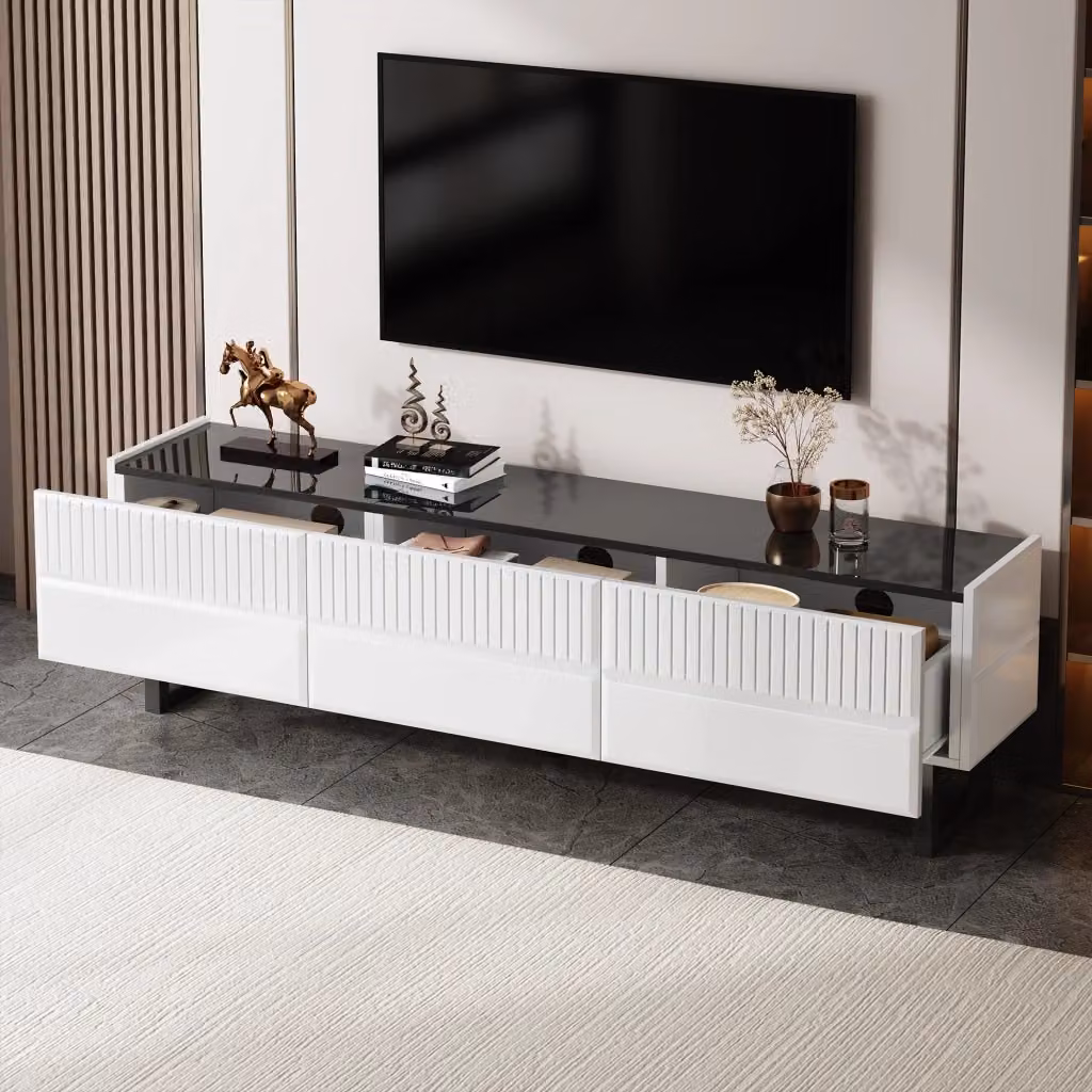 Mobile porta TV OKWISH per soggiorno con 3 cassetti e gambe in metallo, piano lucido nero e bianco, L: 170 cm, P: 35 cm, H: 47 cm – 2