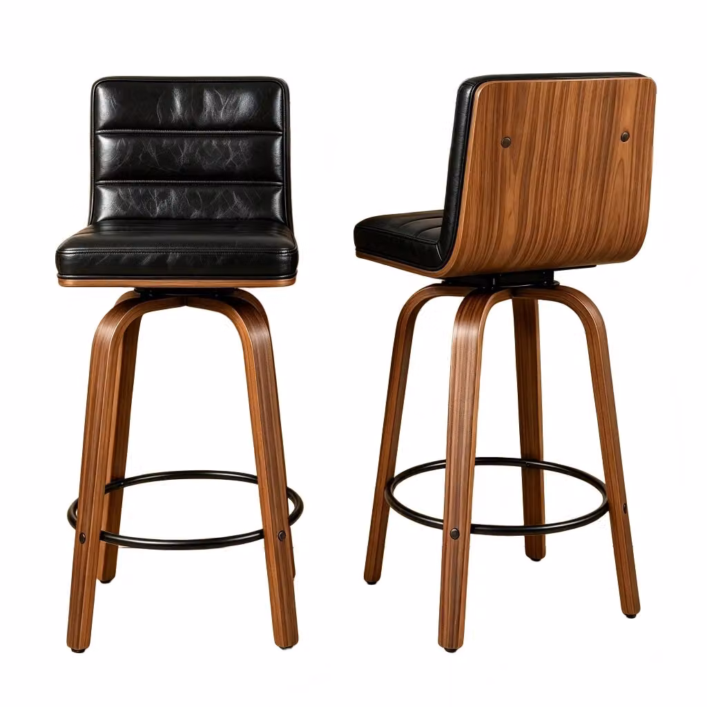 Sgabello da bar girevole 360 OKWISH in ecopelle nera con schienale ergonomico e poggiapiedi in metallo e legno di faggio – 2