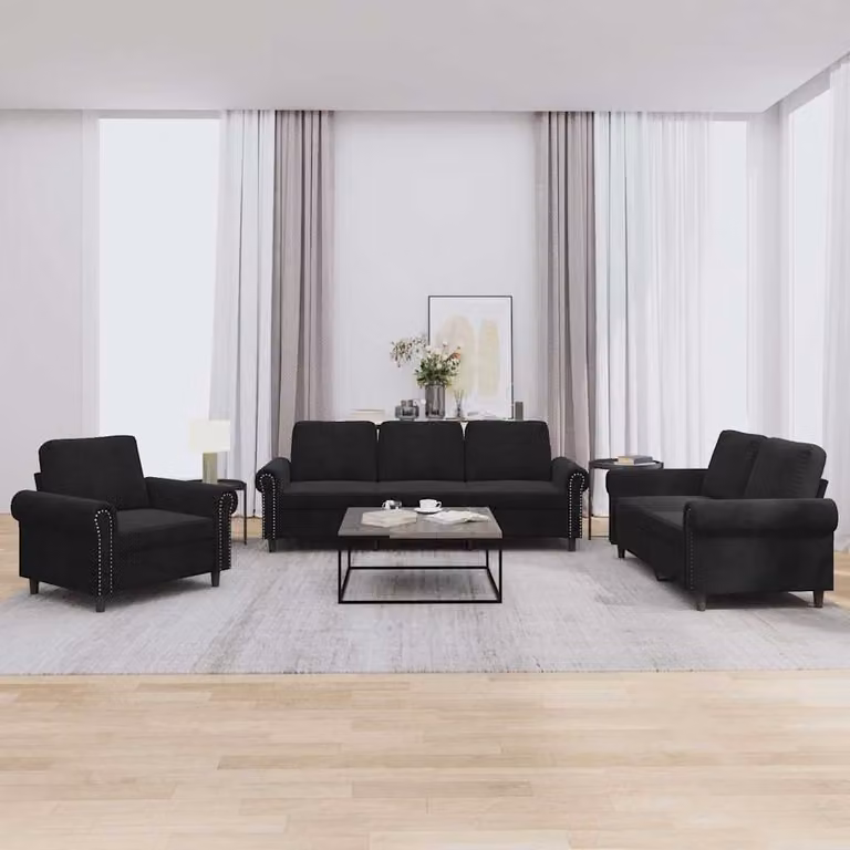 Set di divani 3 pezzi vidaXL in velluto nero con cuscini per soggiorno moderno