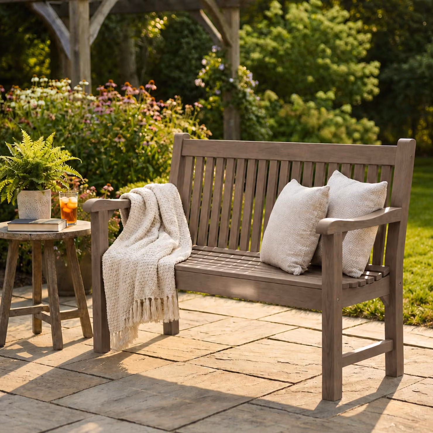 Panca da giardino a due posti con schienale - Panca resistente agli agenti atmosferici, aspetto legno