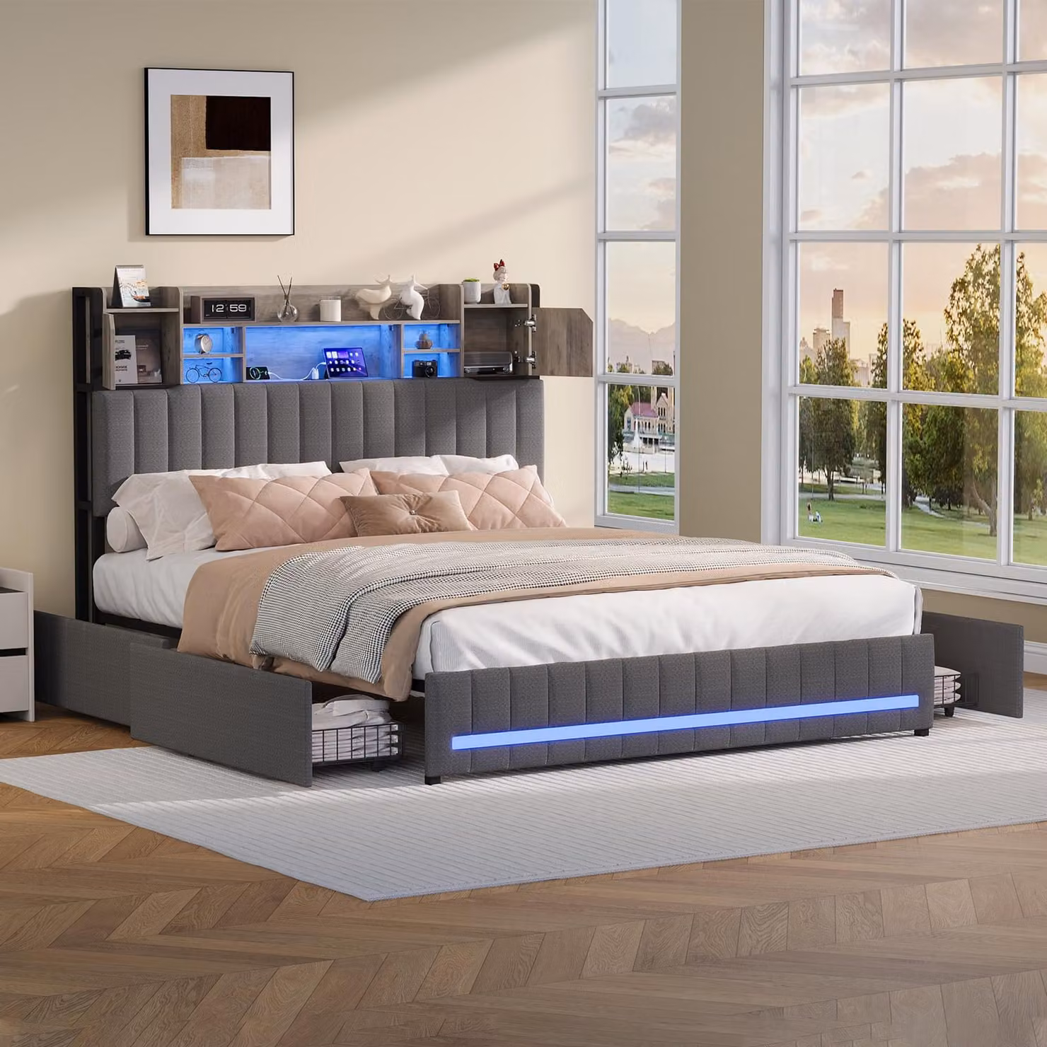 Struttura letto matrimoniale grigia 160x200 cm, rete a doghe, imbottita con contenitore per la testata, 4 cassetti integrati e facile montaggio