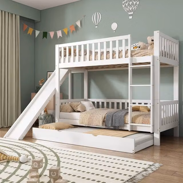 Letto a castello con letto estraibile; scivolo; pino e MDF; bianco; 90x200 cm per cameretta