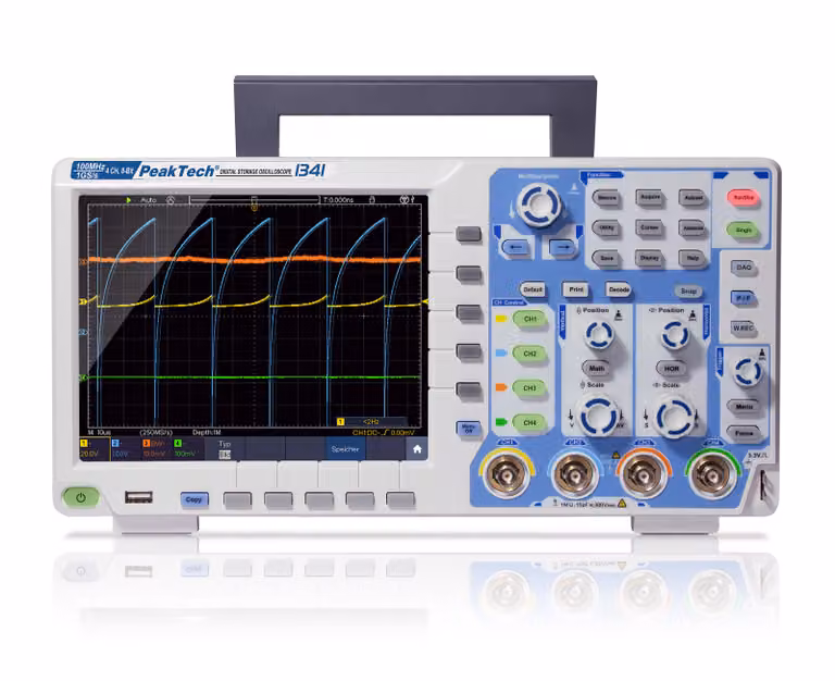 PeakTech P 1341 - Oscilloscopio digitale a 4 canali | 100 MHz | 1 GS/s | 8″ TFT | USB e LAN | FFT, modalità XY e contatore di frequenza