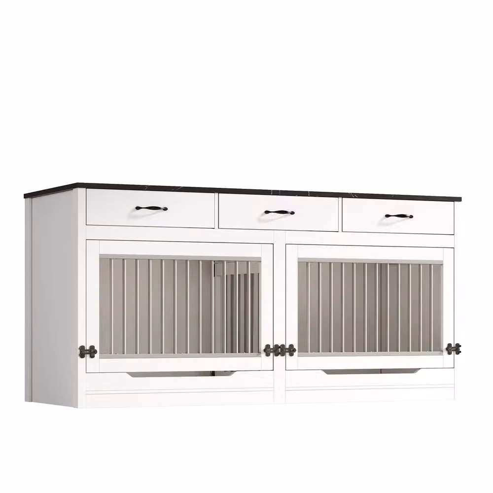 Box per Cani Minimal in Legno e Metallo Bianco e Nero con 3 Cassetti, L 164 cm x P 60 cm x H 81 cm – 2