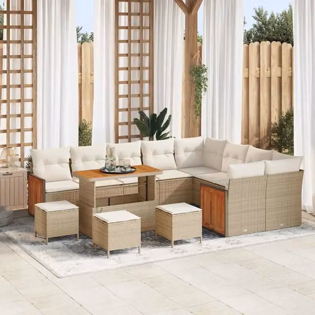 Set Divano da Giardino vidaXL 14 Pezzi Beige con Tavolino e Pouf in Acciaio e Tessuto Resistente alle Intemperie