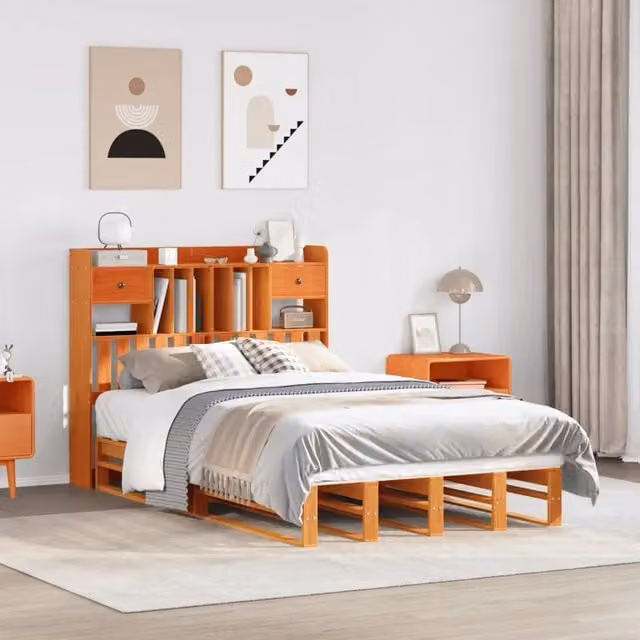 Letto Libreria senza Materasso Marrone Cera 135x190 cm in Pino 3323985