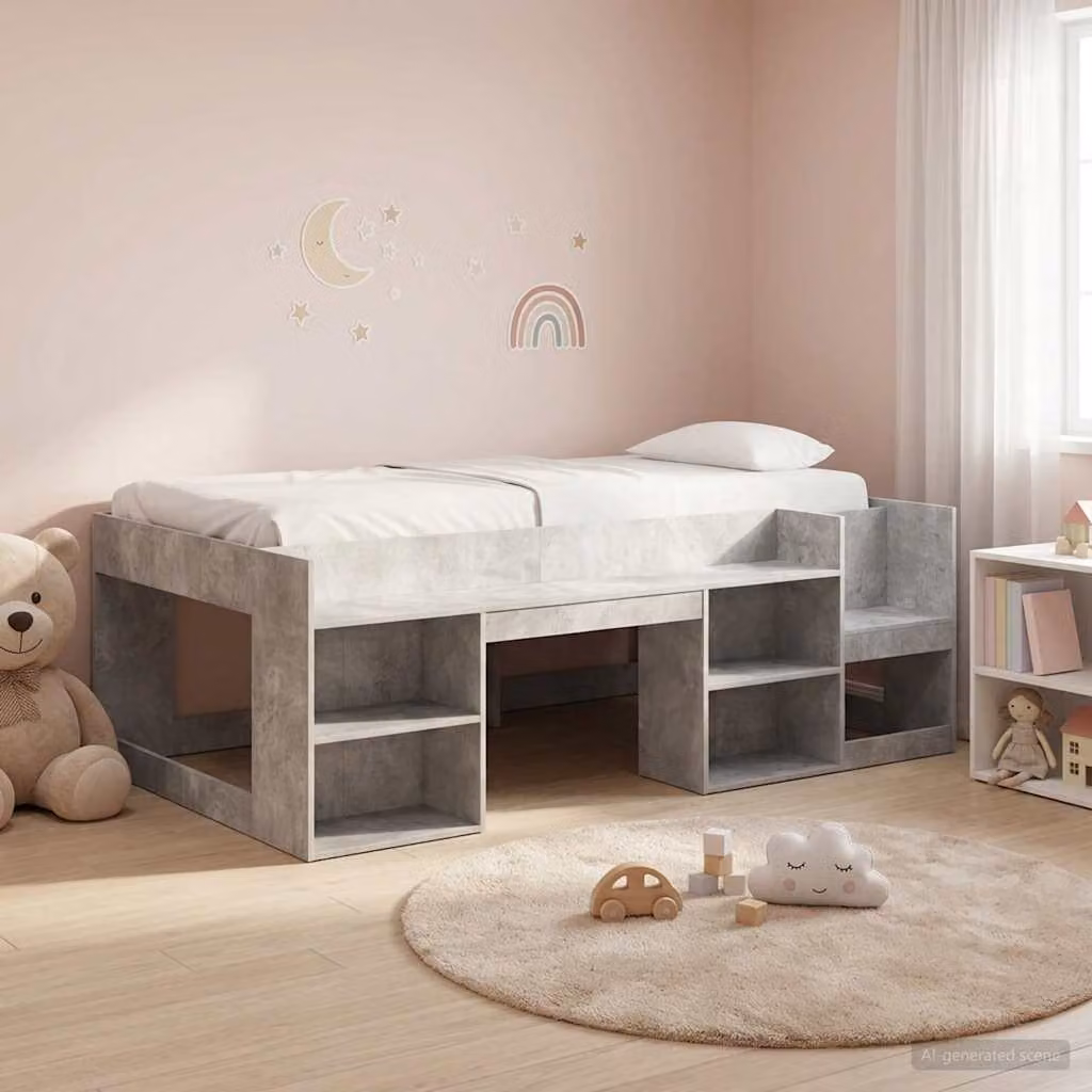 vidaXL Letto Singolo Rialzato per Bambini con Ripostiglio e Scala, Grigio