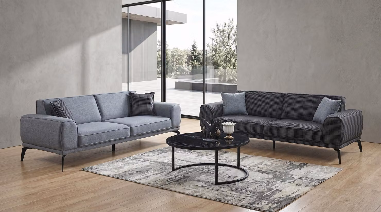 Divano componibile, composto da 3 posti (2 divani a 3 posti), tavolino da caffè moderno, colore grigio antracite, stile elegante