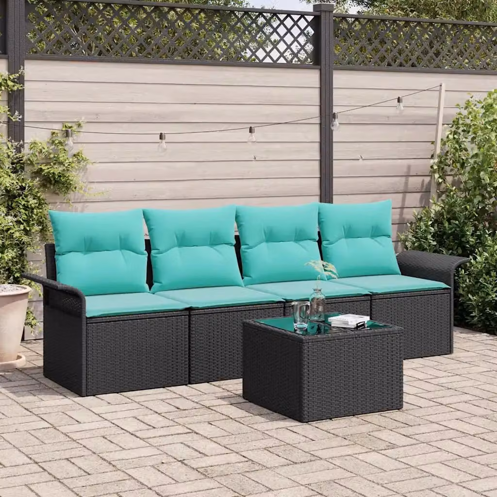 Set Divano da Giardino vidaXL 5 Pezzi in Polyrattan Nero e Turchese con Cuscini e Tavolino