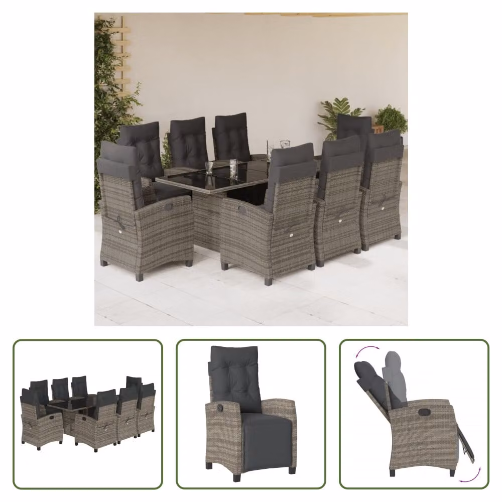 The Living Store Set da pranzo da giardino 9 pezzi con cuscini in poly rattan grigio