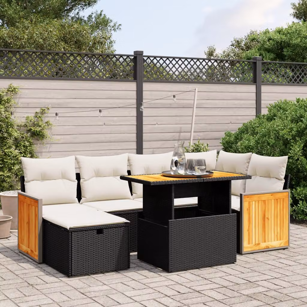 vidaXL Set Divani da Giardino a L con Cuscini 7pz in Polyrattan Nero e Legno di Acacia – 1