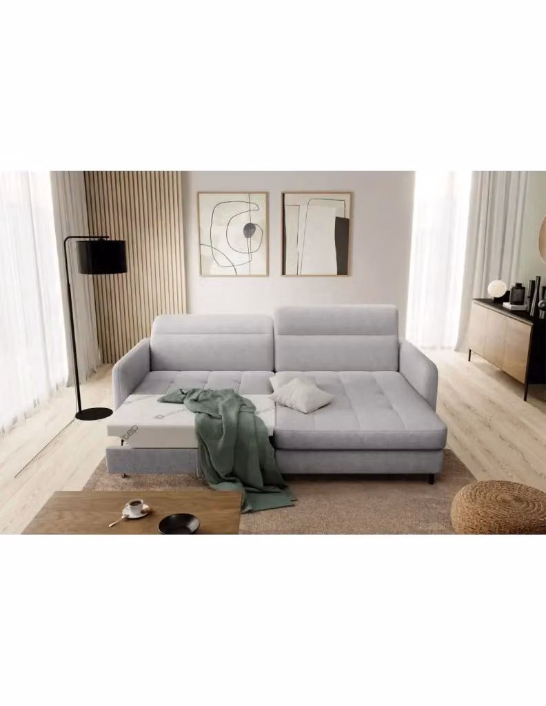 Divano ad angolo con funzione letto MEUBLORAMA collezione GOUMSI colore Grigio, modello moderno con poggiatesta regolabile e cuscini inclusi – 2