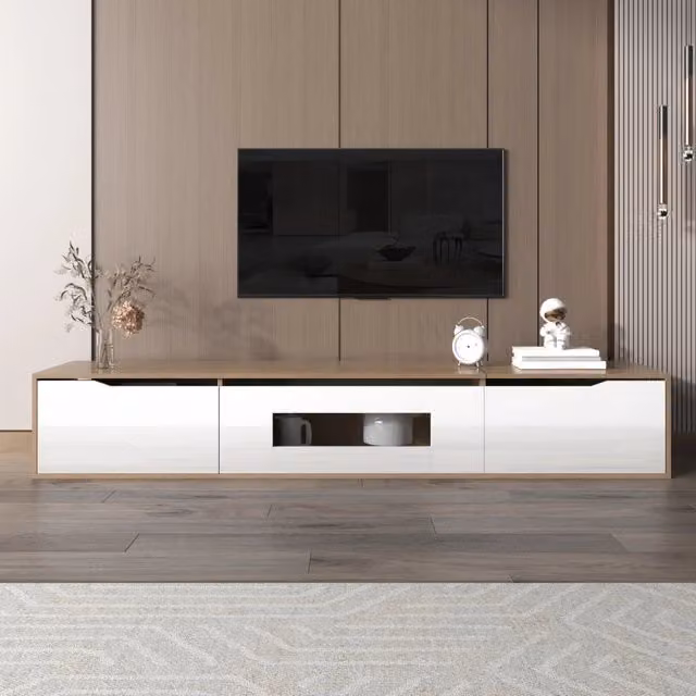 Mobile TV moderno Zephmum bianco e beige con finitura lucida, legno e illuminazione LED integrata, sospeso a parete, L: 180 cm, P: 35 cm, H: 30 cm