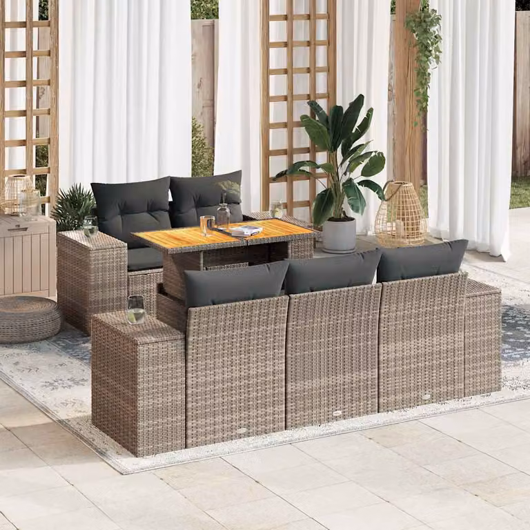 Set Divano da Giardino vidaXL in Polyrattan Grigio con Cuscini e Tavolino da Esterno a Forma di L