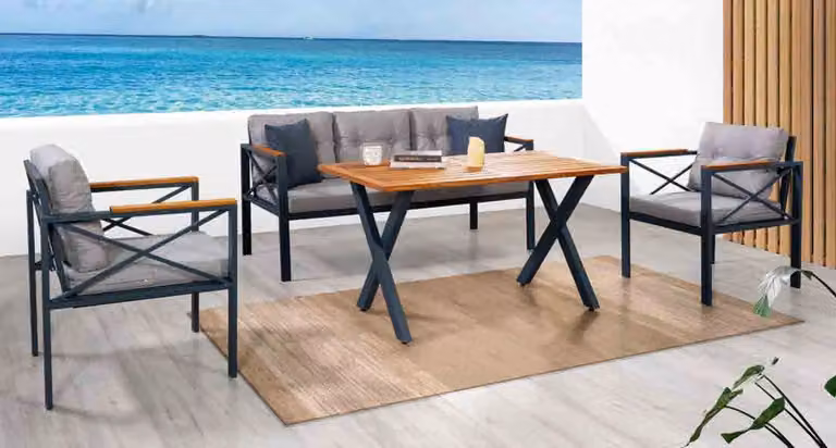 Moderne Graue Gartenmöbel Garnitur Sessel Hocker Tisch Veranda 4tlg. Set