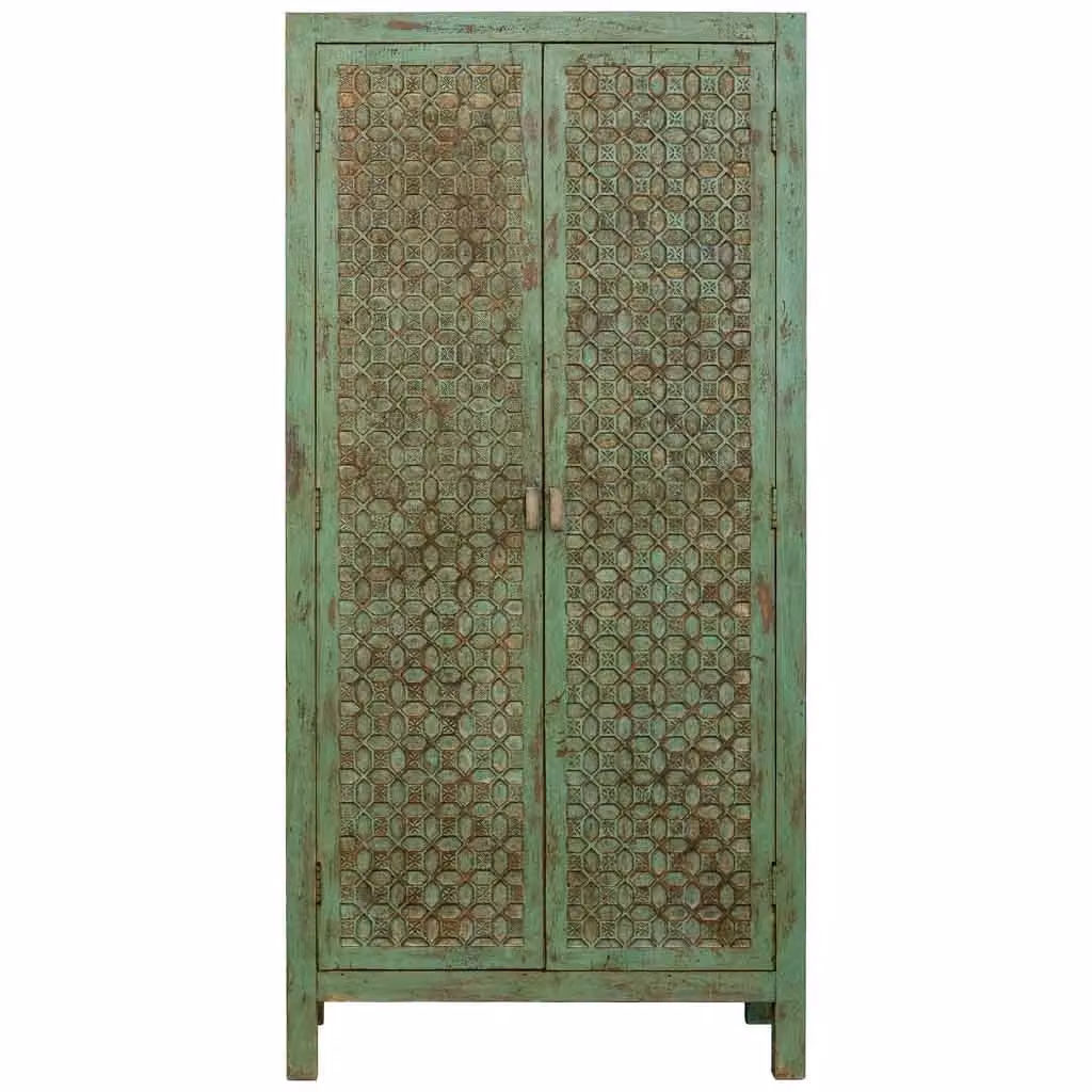 Armadio in legno di mango verde WANDERLUST DECO con ante a battente e decorazioni geometriche L: 85 cm, P: 40 cm, H: 176 cm – 2