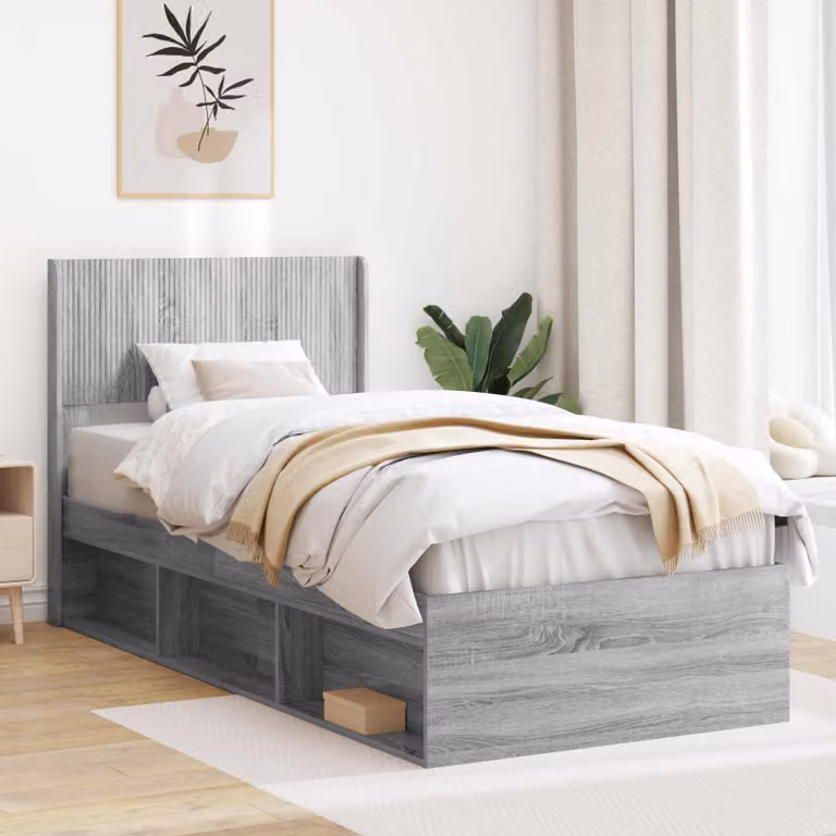 vidaXL Struttura letto con contenitore e testata in legno Sonoma grigio L: 140 cm, P: 203 cm, H: 105 cm